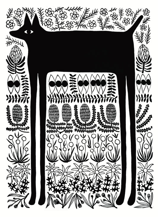 Black Dog & Bush Flowers - Limited Edition Linocut Print