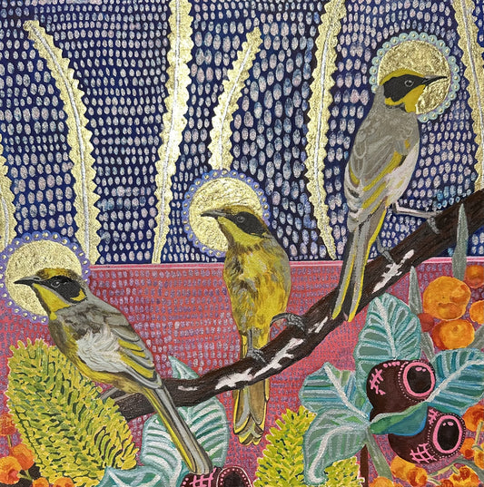 Honey Family with Golden Halos and Natives in a Night Time Sky - Watercolour Painting with Metallic Leaf on Canvas