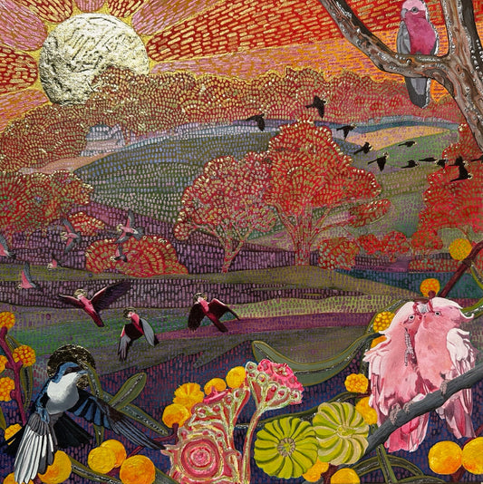 Mr. Willie with Cockatoos Flying Through the Bukatila Hills, Hahndorf on Peramangk Country - Katie Sandison.