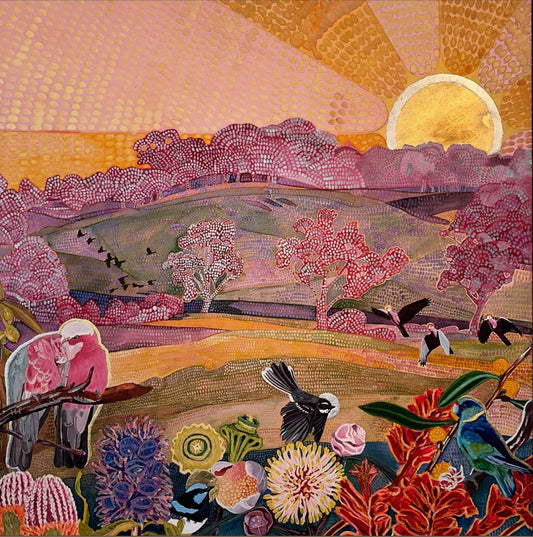 Pink Lovers and Friends in a Hahndorf Landscape - A4 Limited Edition Print with Hand-painted Gold & Silver Leaf