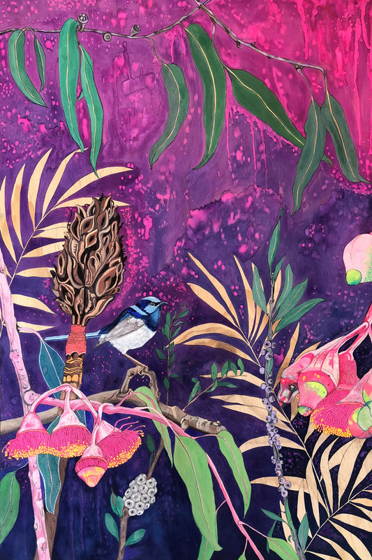 Mr. Blue with Pink Eucalyptus Flowers in a Purple Sky - A3 Limited Edition Print