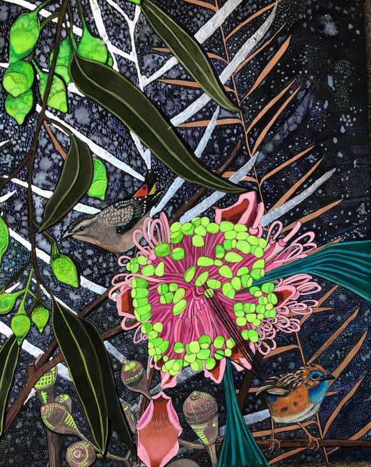 Emu Wren & Pink Eucalyptus Flower with Pardalote - A3 Limited Edition Print with Silver Leaf