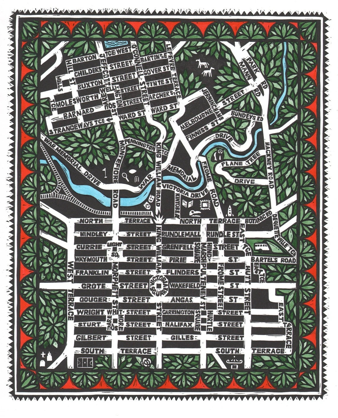 City Streets Framed Lino Print (hand-coloured) - Sally Heinrich