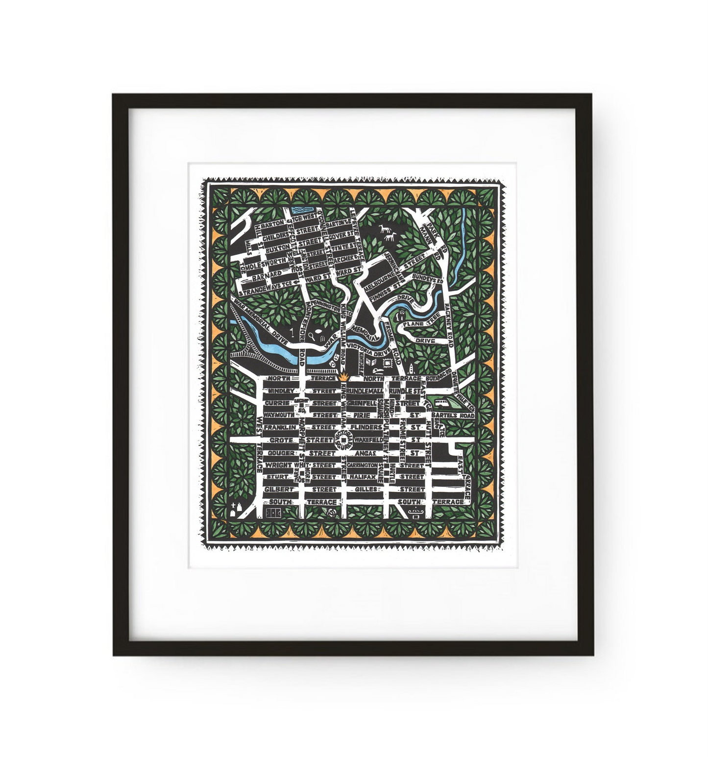 City Streets Framed Lino Print (hand-coloured) - Sally Heinrich