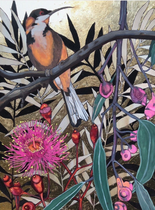 Mr. Spinebill with Pink Eucalyptus Flowers in a Golden Sky - Large Print on Canvas with Gold Leaf