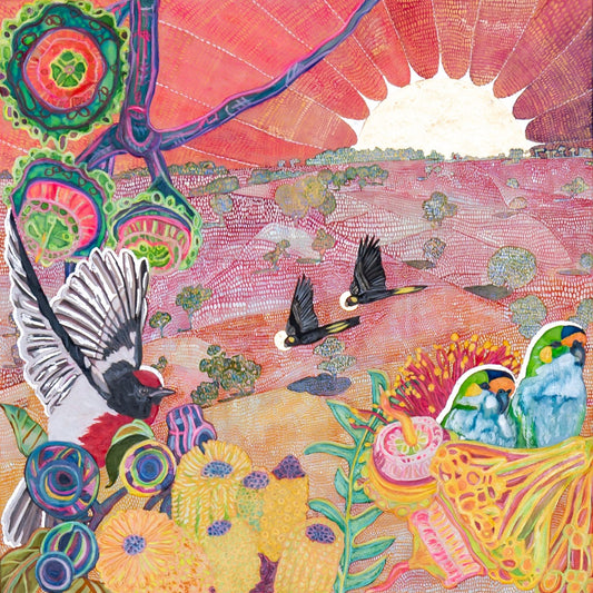 Scarlett Robin, Purple Headed Couple and Flying Yellowtails in a Currency Creek Sun - A4 Limited Edition Print with Gold Leaf