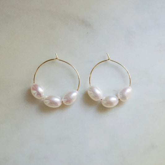 Gold Filled Three Pearl Hoop Earrings