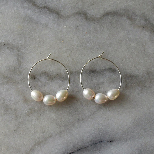 Sterling Silver and Three Pearl Hoop Earrings