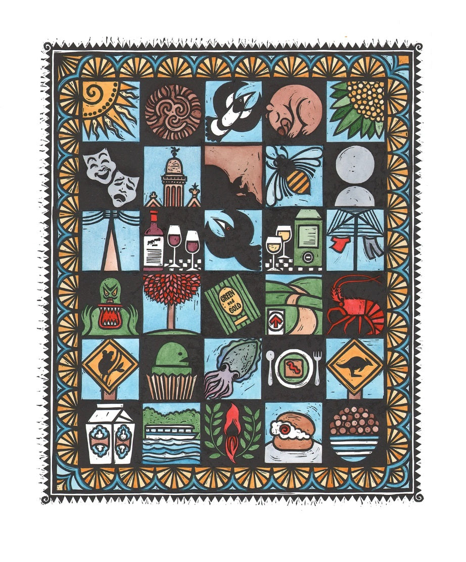 Local Icons Tea Towel by Sally Heinrich
