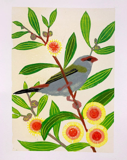 Red Browed Finch - Limited Edition Reduction Linocut Print
