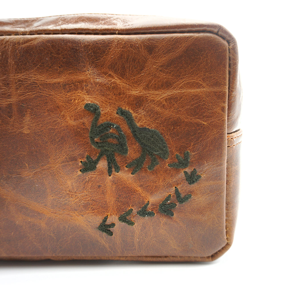 Embroidered Leather Toiletry Bag - Two Emus - Designed by Cedric Varcoe