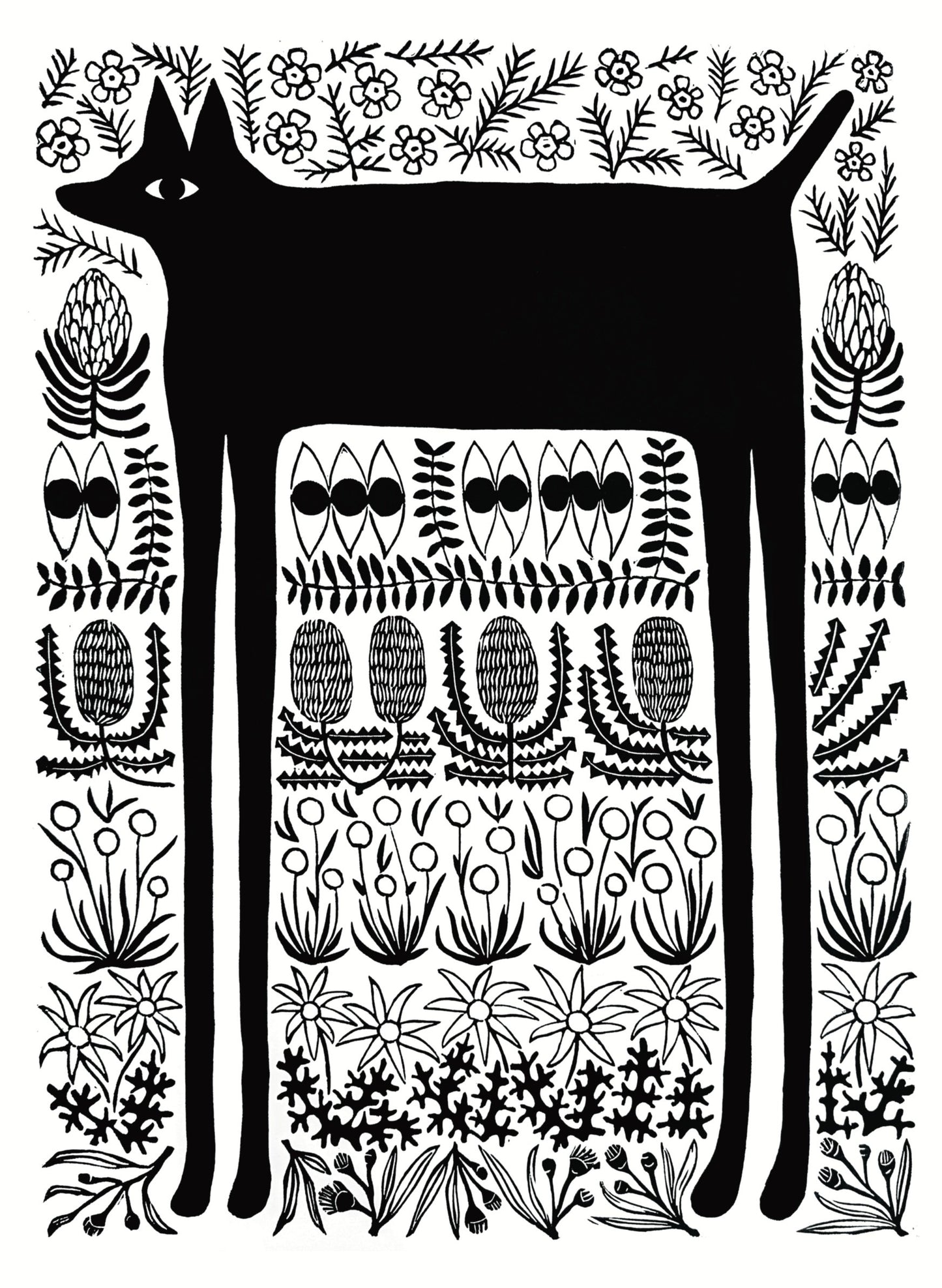 Black Dog & Bush Flowers - Limited Edition Linocut Print
