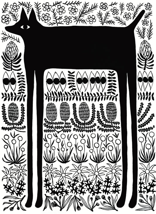Black Dog & Bush Flowers - Digital Print
