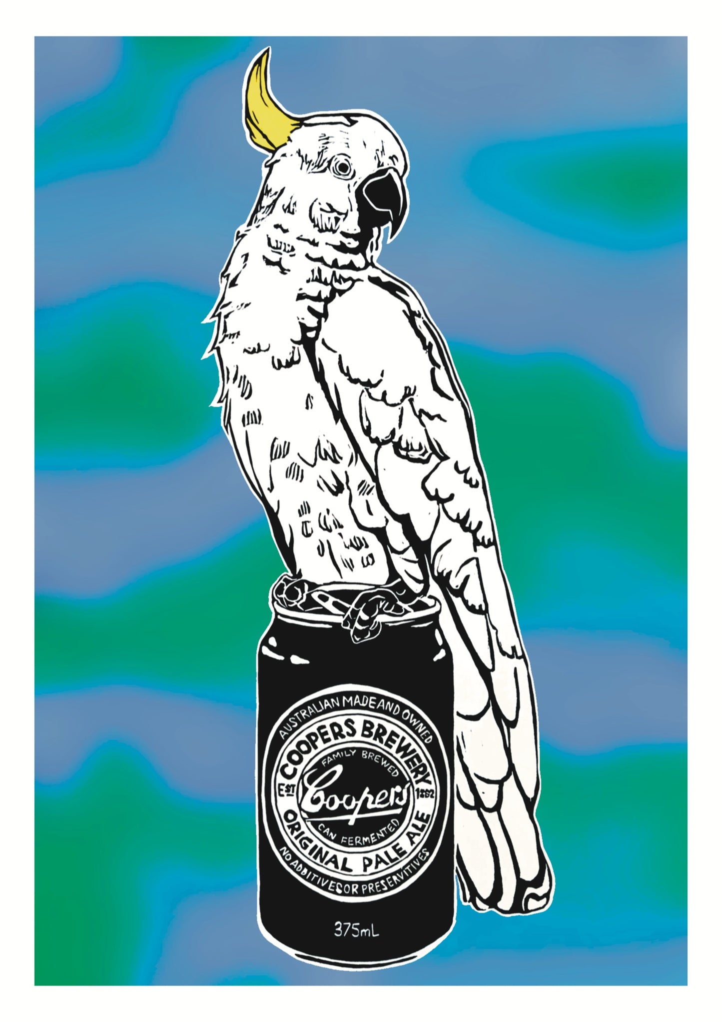 Thirsty Bird Print - Sulphur-crested Cockatoo & Coopers Original Pale Ale (Psychedelic - Blue/Green)