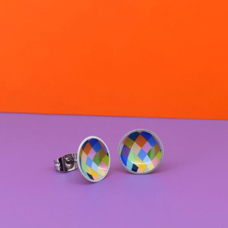 Harlequin Lines - Domed Circle Stud Earrings