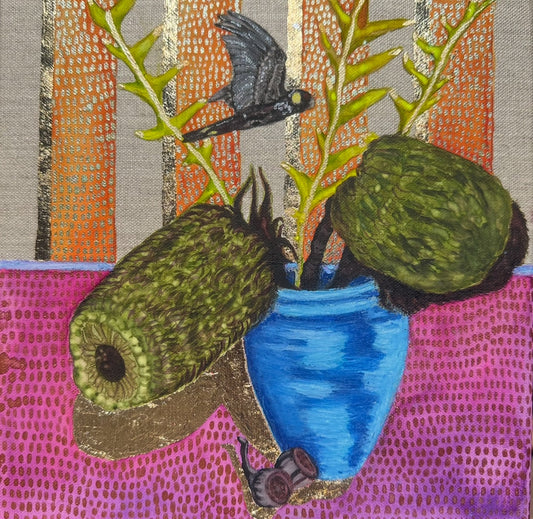 Flying Yellowtail in a Banksia Still-life with Tim's Pot - Original Watercolour Painting with Gold Leaf on Canvas