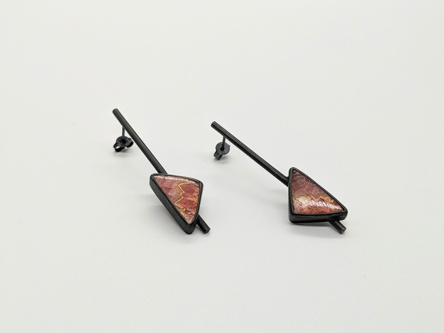 Inclusion Earrings - Pendulum Studs with Rhodochrosite Gemstones