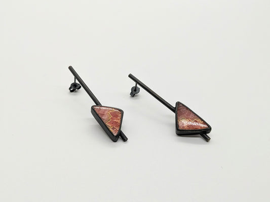 Inclusion Earrings - Pendulum Studs with Rhodochrosite Gemstones