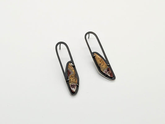 Inclusion Earrings - Long Arch Studs with Crazy Lace Agate