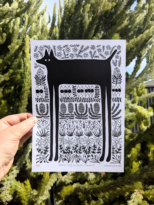 Black Dog & Bush Flowers - Digital Print