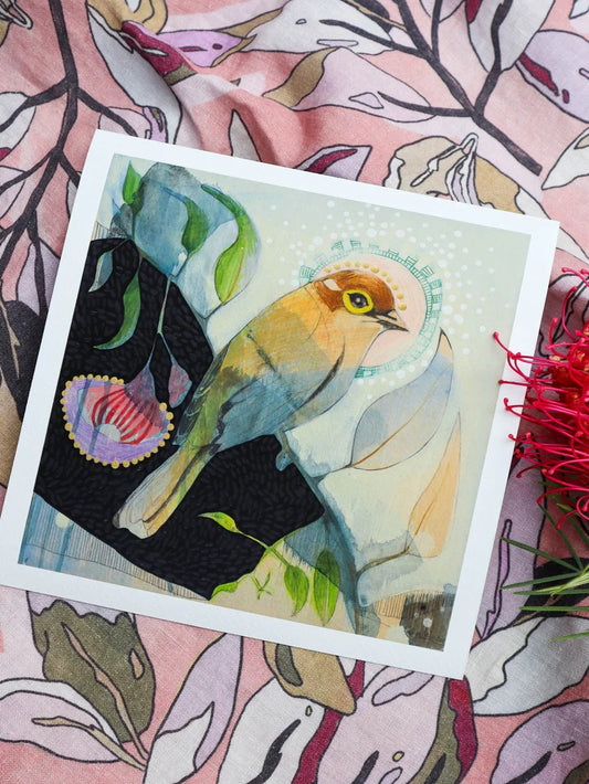 Brown-headed Honeyeater & Silver Princess Eucalyptus - Mini Print by Dana Kinter