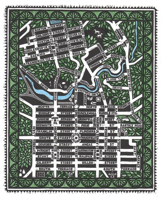 City Streets Framed Lino Print (hand-coloured) - Sally Heinrich