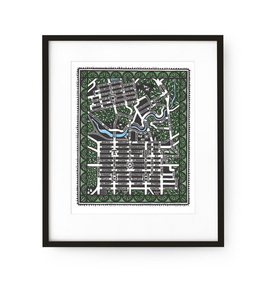 City Streets Framed Lino Print (hand-coloured) - Sally Heinrich
