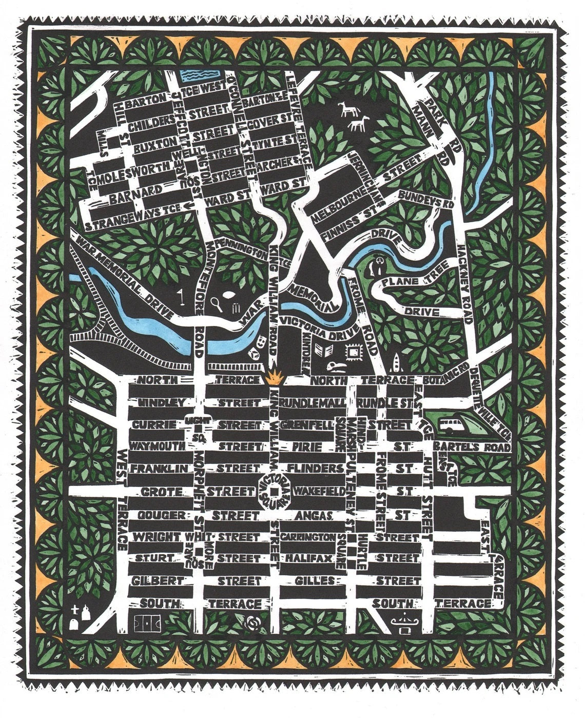 City Streets Framed Lino Print (hand-coloured) - Sally Heinrich