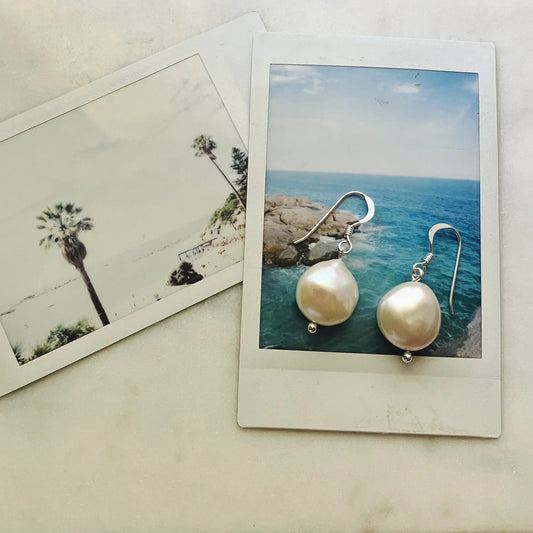 Coin Pearl and Sterling Silver Earrings