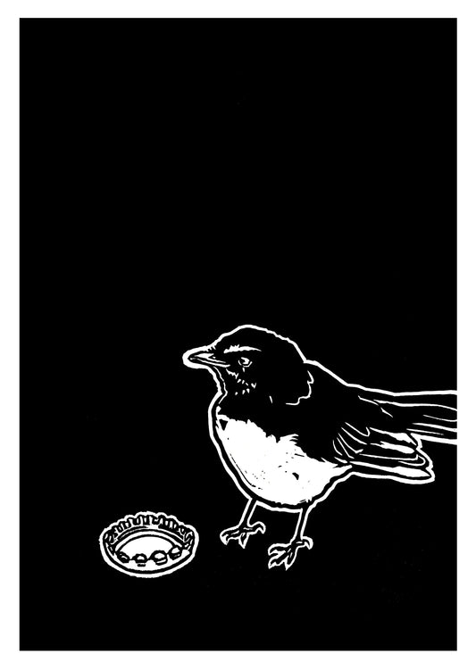 Thirsty Bird Print - Willie Wagtail & Bottle Cap