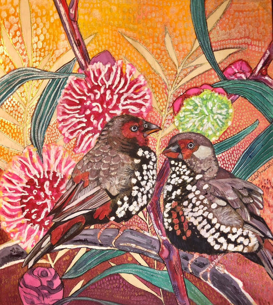 Firetail Finches with Pin Cushion Flowers in an Orange Sky - A4 Limited Edition Print