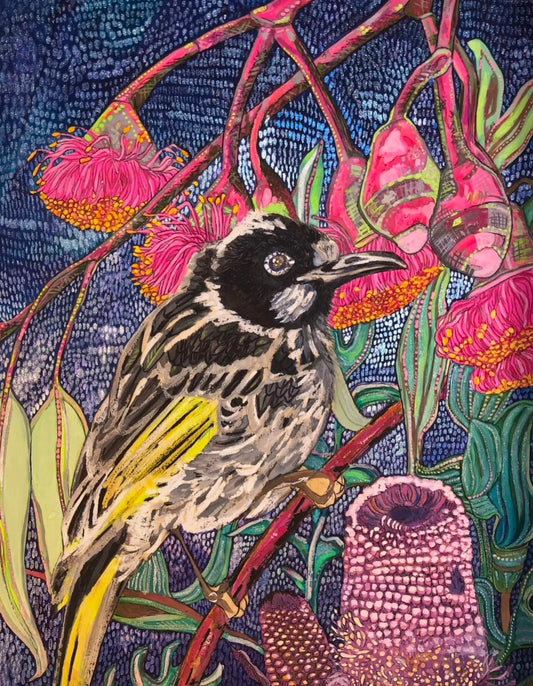 Mr. Honey with Pink Banksia and Eucalyptus Flowers in a Night Sky - Limited Edition Print with Hand-painted Detail