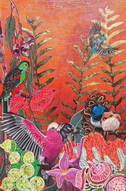 Ms. Pink with Native Flowers, Bird Friends and Paradise Parrot - A4 Limited Edition Print with Gold Leaf