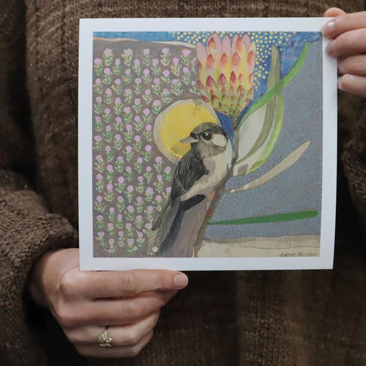 Willie Wagtail & Protea - Mini Print by Dana Kinter