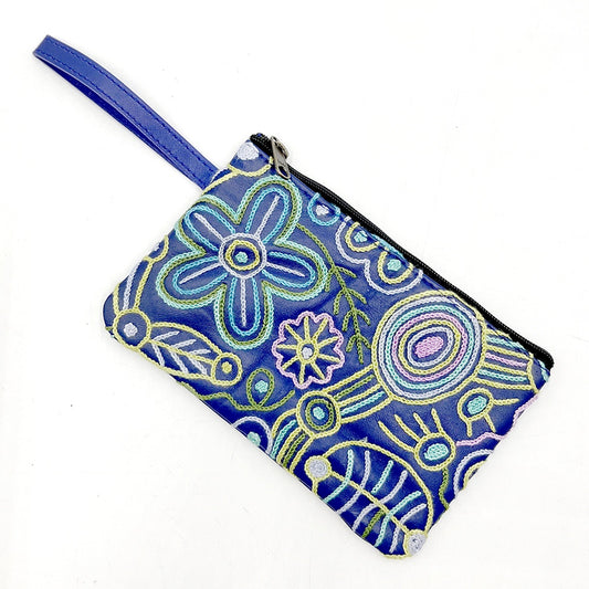 Embroidered Leather Clutch Bag with Wrist Strap - My Ngarrindjeri Country Dreaming - Designed by Cedric Varcoe