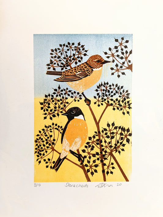 Stonechats - Limited Edition Reduction Woodblock Print