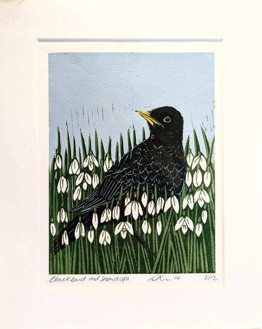 Blackbird & Snowdrops - Limited Edition Reduction Linocut Print