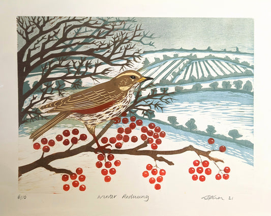 Winter Redwing - Limited Edition Reduction Woodblock Print