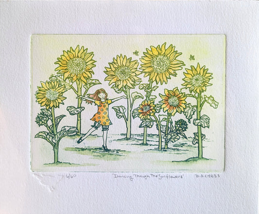 Dancing Through the Sunflowers - Limited Edition Solarplate Etching & Watercolour