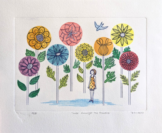 Lost Amongst the Flowers - Limited Edition Solarplate Etching & Watercolour