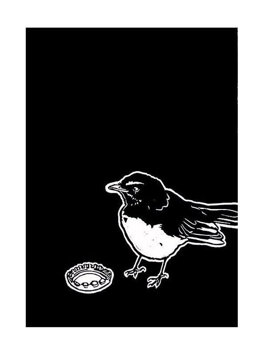 Thirsty Birds pt. 3 'Willie Wagtail & Bottle Cap' - Linocut Print