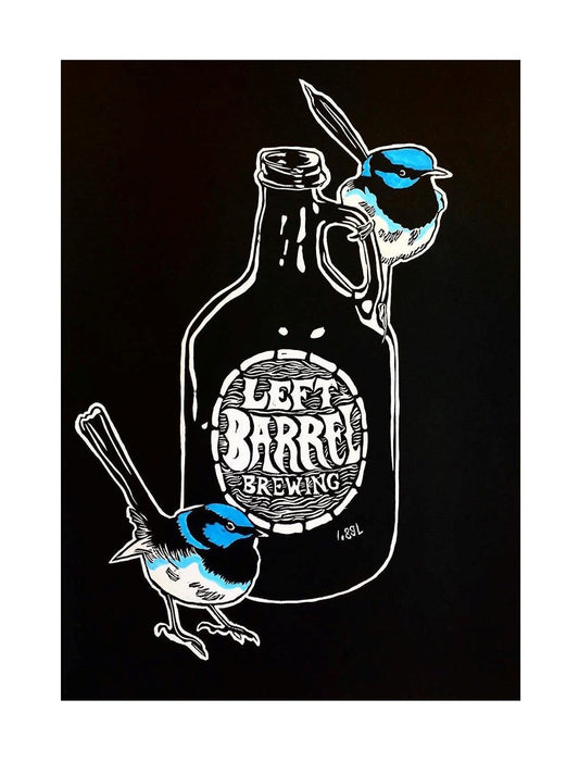 Thirsty Birds pt. 5 'Superb Fairwren & Left Barrel Growler' - Linocut Print