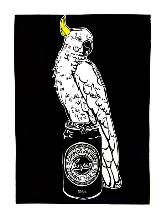 Thirsty Birds pt. 8 'Sulphur-crested Cockatoo & Coopers Original Pale Ale' - Linocut Print