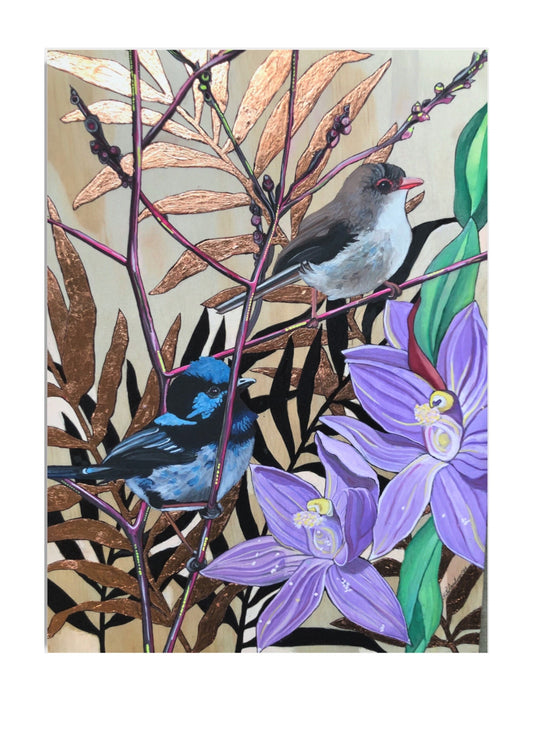 Couple Wren with Purple Orchids - A3 Limited Edition Print with Copper Leaf