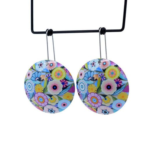 Floral Medley - Large Domed Circle Shepherd's Hook Earrings