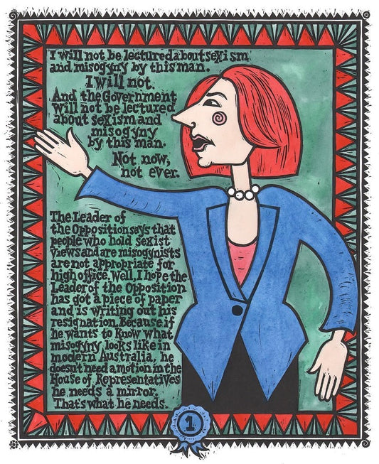 Julia - Framed Lino Print (hand-coloured)