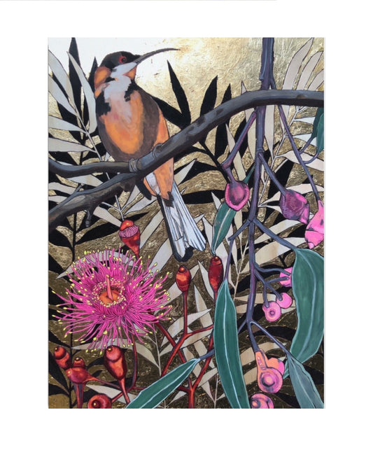 'Mr. Spinebill with Pink Eucalyptus Flowers in a Golden Sky' - Limited Edition Print 21/100