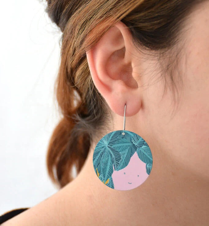 Pot Plant Face - Circle Shepherds Hook Earrings