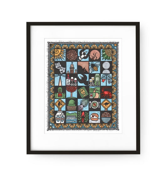 Local Icons - Framed Lino Print (hand-coloured) - Sally Heinrich