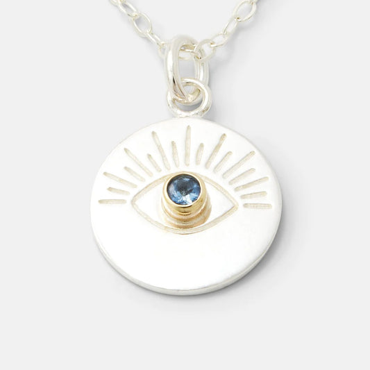 Silver & Gold Eye Amulet Pendant with Aquamarine